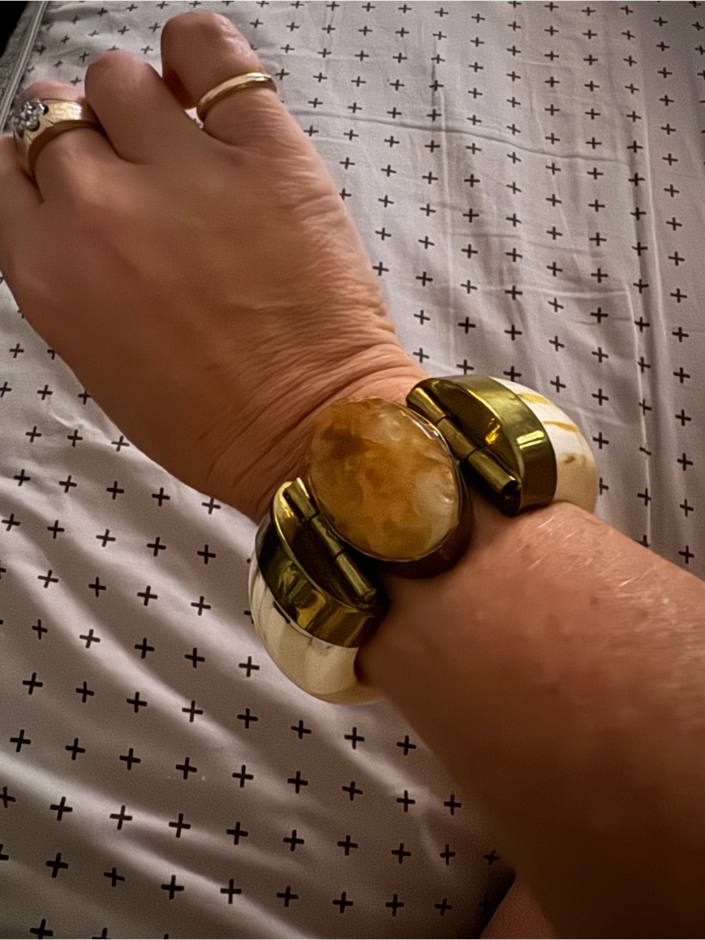 Gold-Tone and Ivory Statement Watch Bracelet with Amber Center
